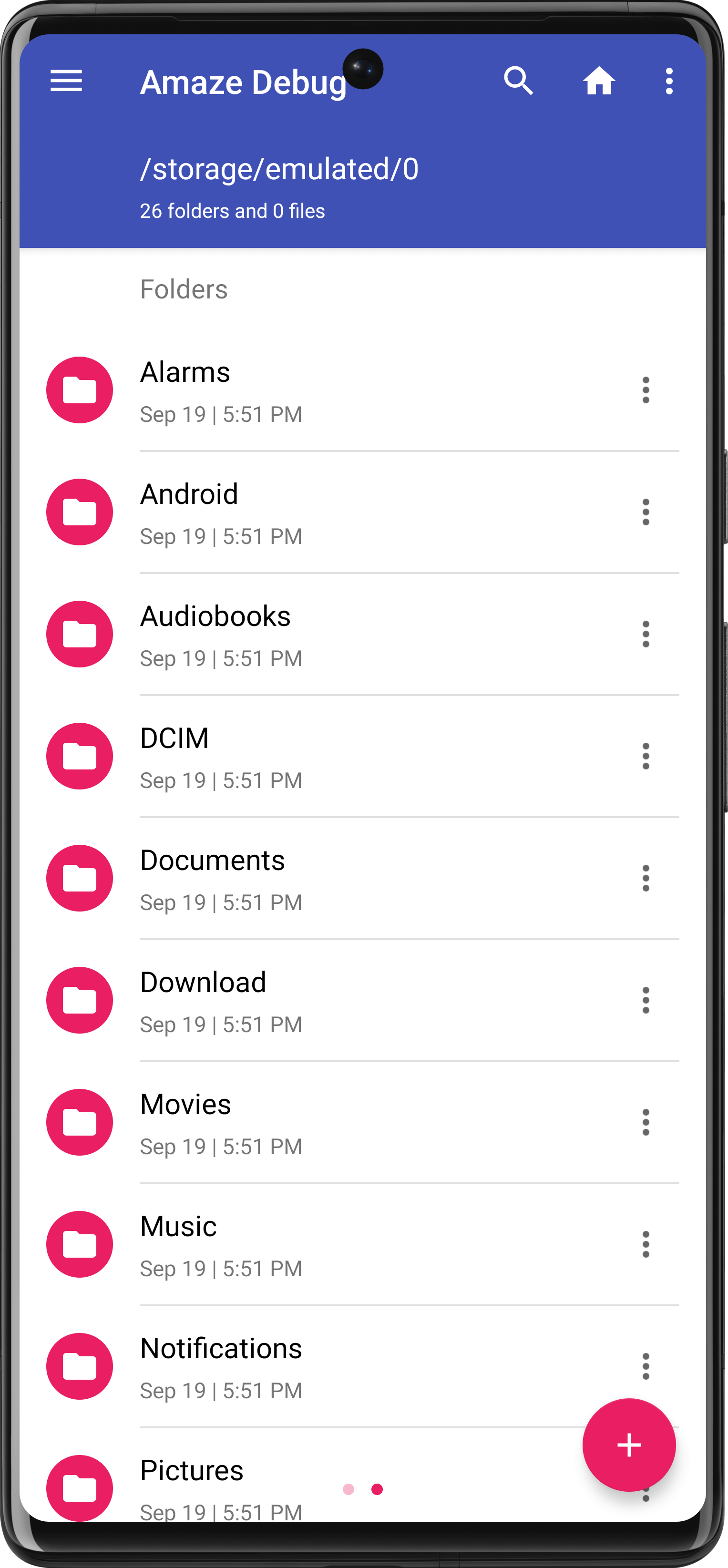 Главный экран Amaze File Manager со списком папок внутреннего хранилища