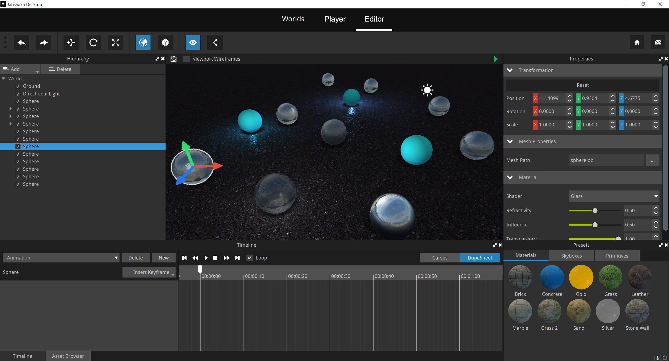 Jahshaka Editor с viewport, Hierarchy, Properties, Timeline и Presets