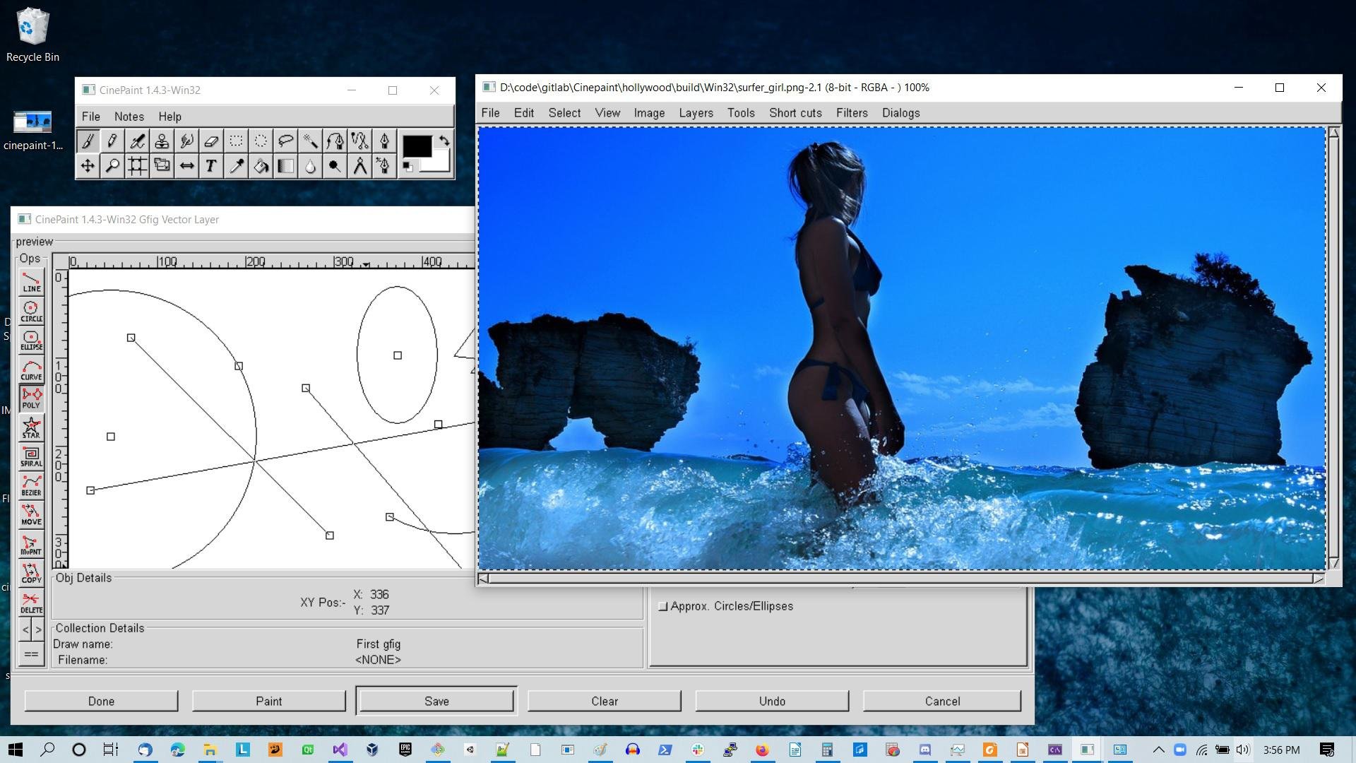 Интерфейс CinePaint с открытым изображением и векторным слоем
