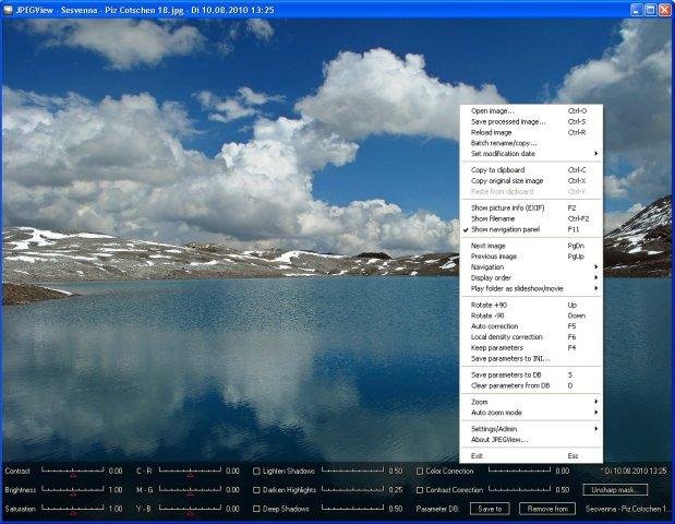 JPEGView с открытым изображением, нижней панелью обработки и контекстным меню