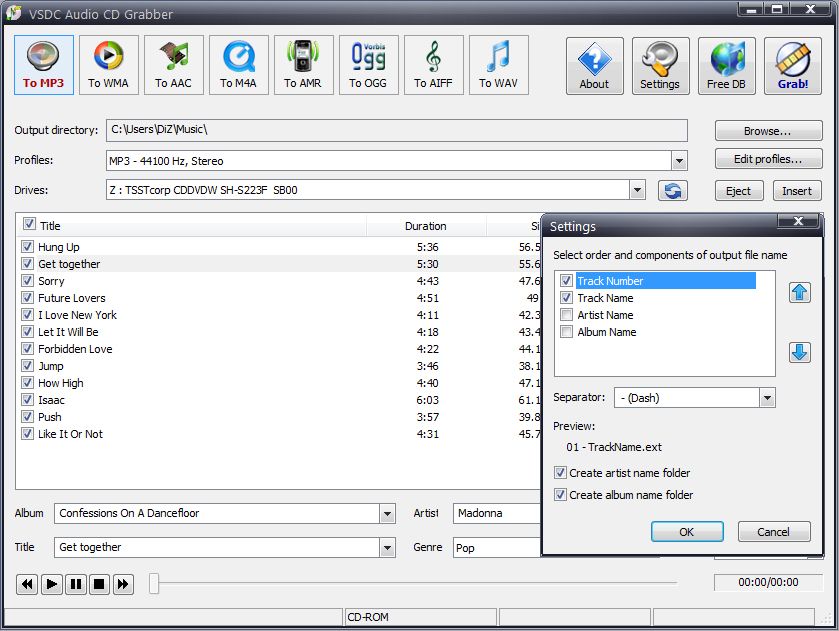 VSDC Free Audio CD Grabber: выбор формата и профиля
