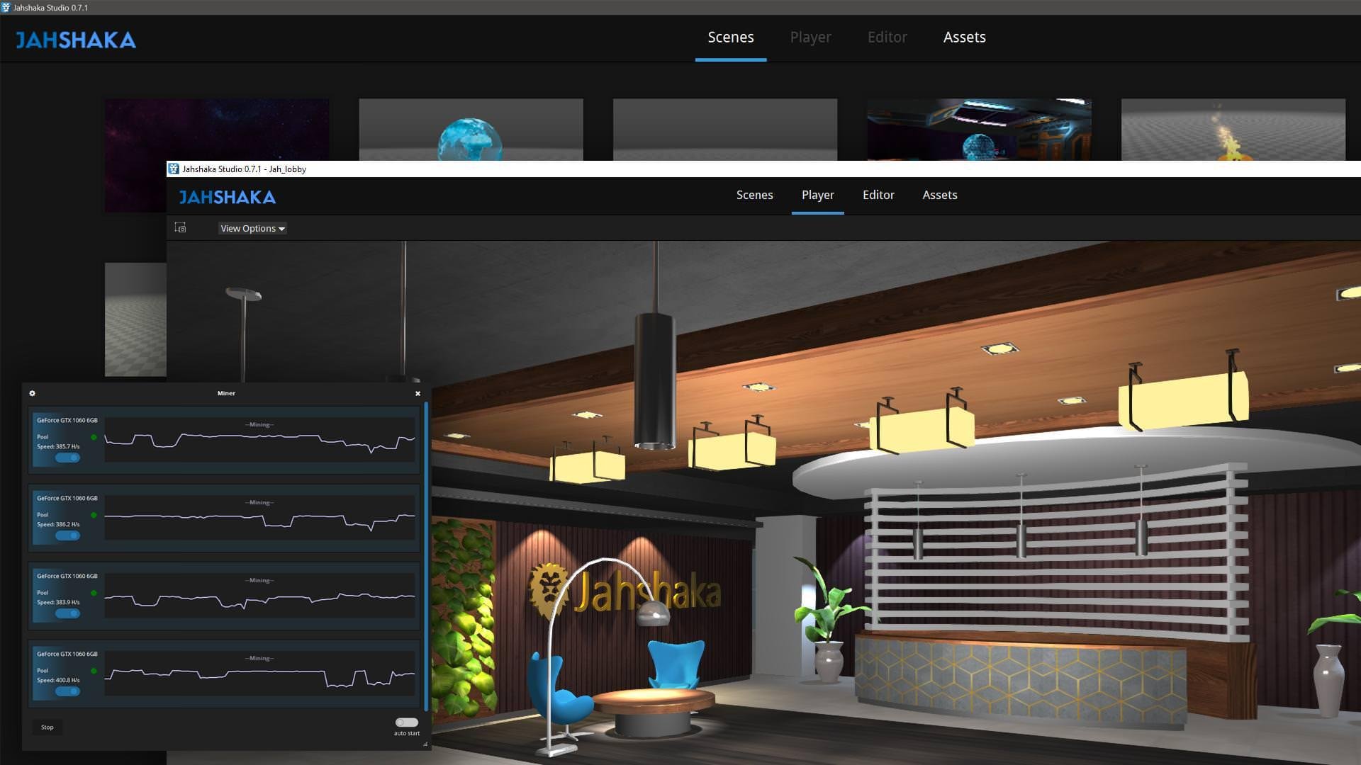 Jahshaka Studio с вкладками Scenes, Player, Editor и Assets