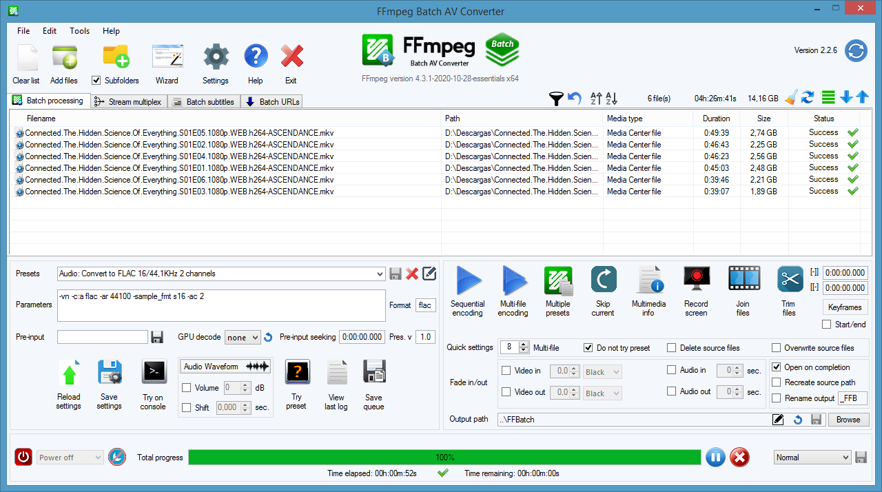 Главное окно FFmpeg Batch AV Converter с вкладкой Batch processing, очередью файлов, параметрами и кнопками запуска кодирования