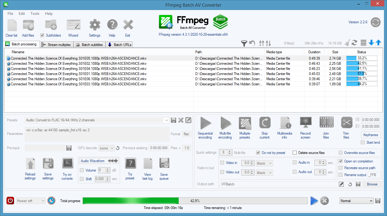 FFmpeg Batch AV Converter во время пакетного кодирования с прогрессом выполнения и статусом завершения файлов