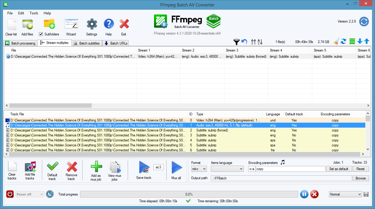 Вкладка Stream multiplex в FFmpeg Batch AV Converter для работы с видеодорожками, аудио, субтитрами и параметрами mux