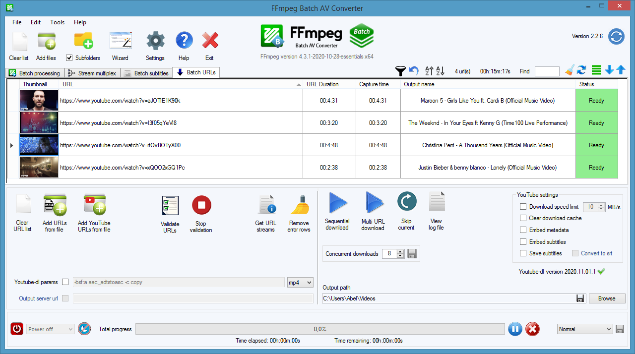 Вкладка Batch URLs в FFmpeg Batch AV Converter для пакетной обработки YouTube, m3u8 и других URL-источников