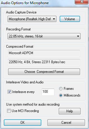 Окно Audio Options for Microphone в CamStudio