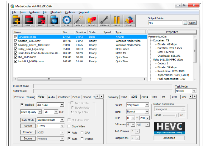 Главное окно MediaCoder с очередью задач и вкладками кодирования