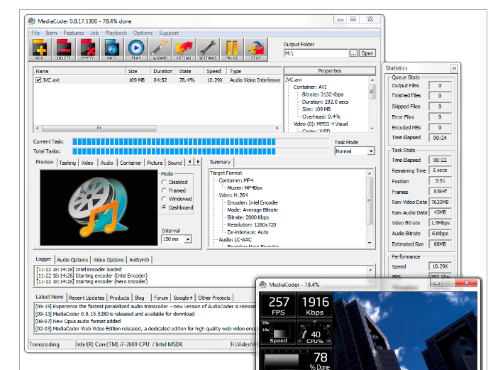 Сводка настроек MediaCoder и блок предпросмотра