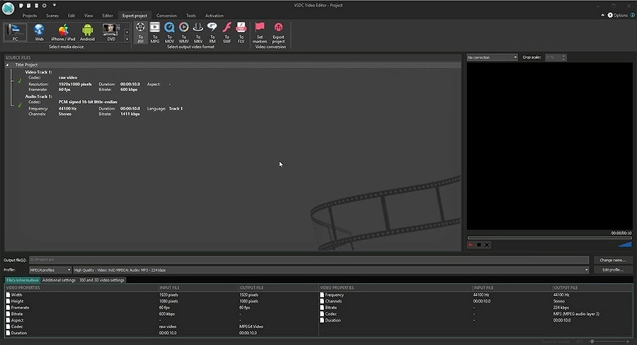 Вкладка Export project: выбор устройства, формата и профиля качества