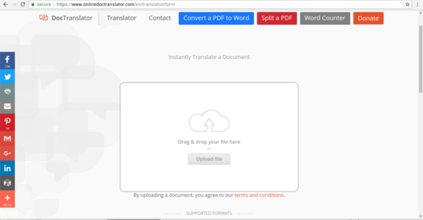 Главная форма DocTranslator для загрузки документа