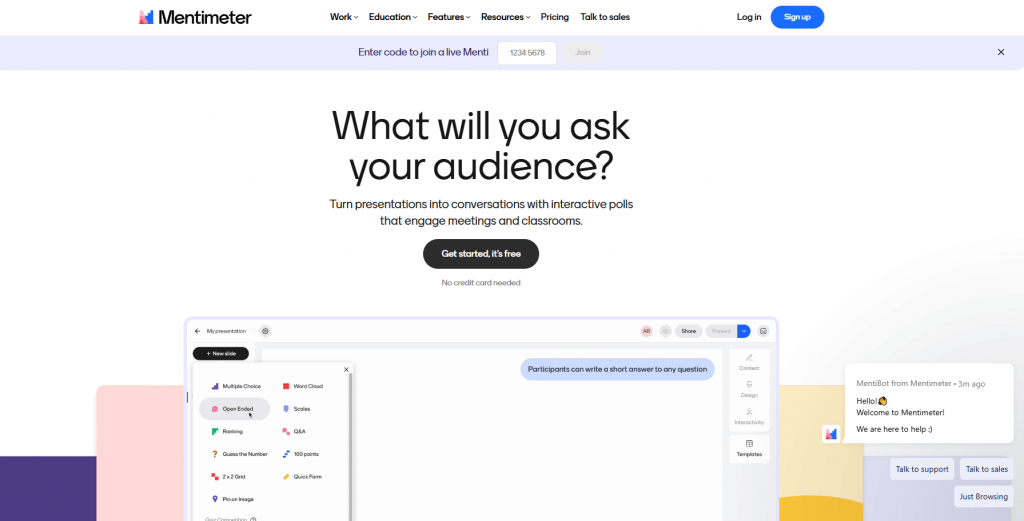 Интерфейс Mentimeter с интерактивным вопросом и вариантами ответов