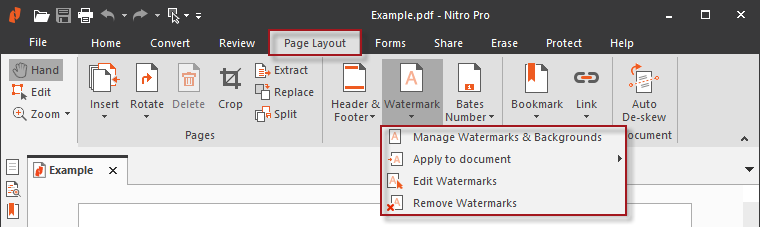 Меню Watermark в Nitro PDF Pro