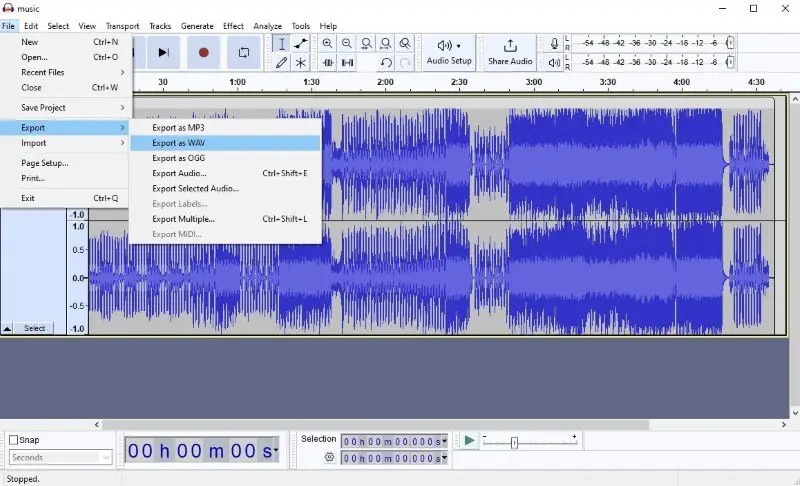 Экспорт WAV в Audacity