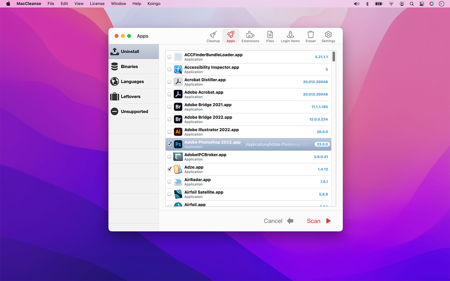 Раздел Apps в MacCleanse со списком приложений для удаления