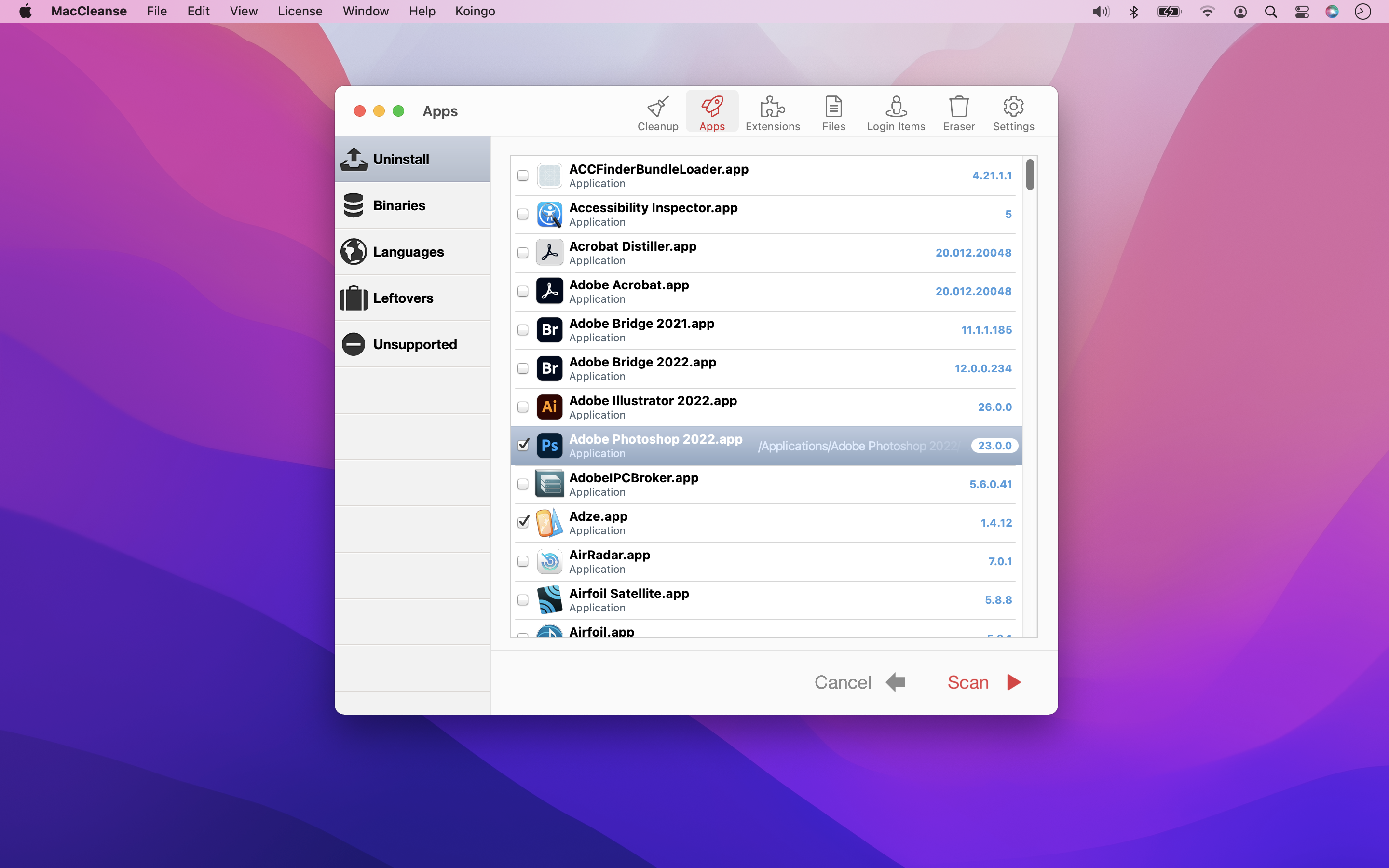 Вкладка Apps в MacCleanse