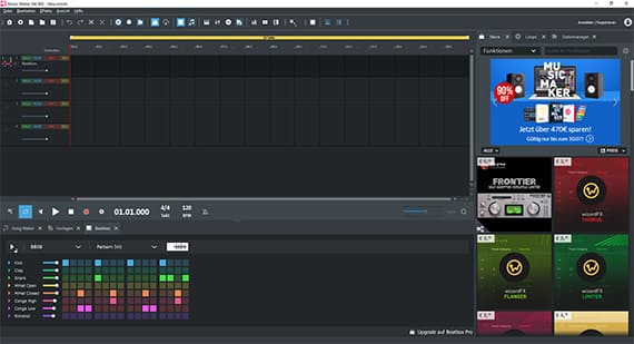Интерфейс MAGIX Music Maker с таймлайном и нижней рабочей областью