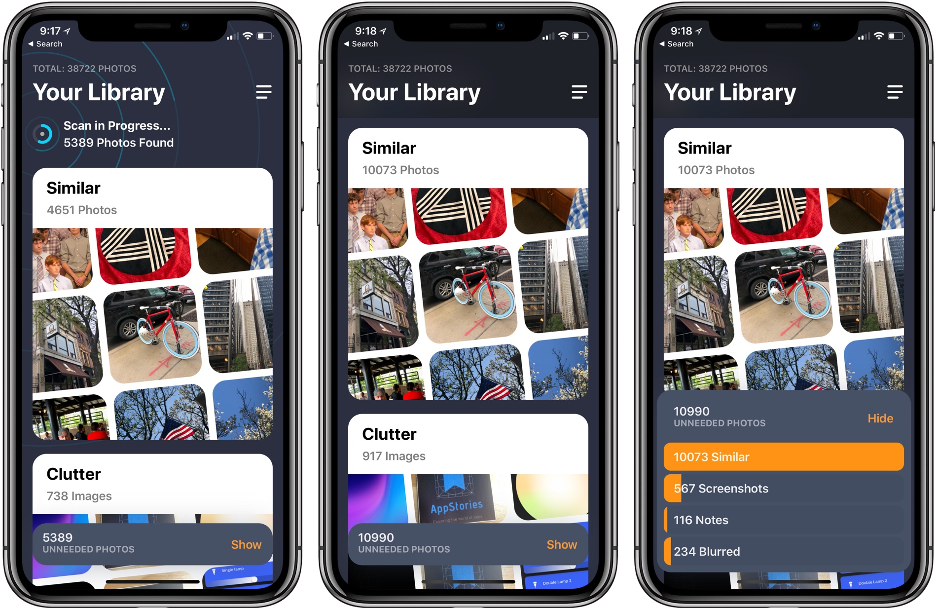 Главный экран Gemini Photos: Your Library, карточки Similar и Clutter, нижняя панель Unneeded Photos