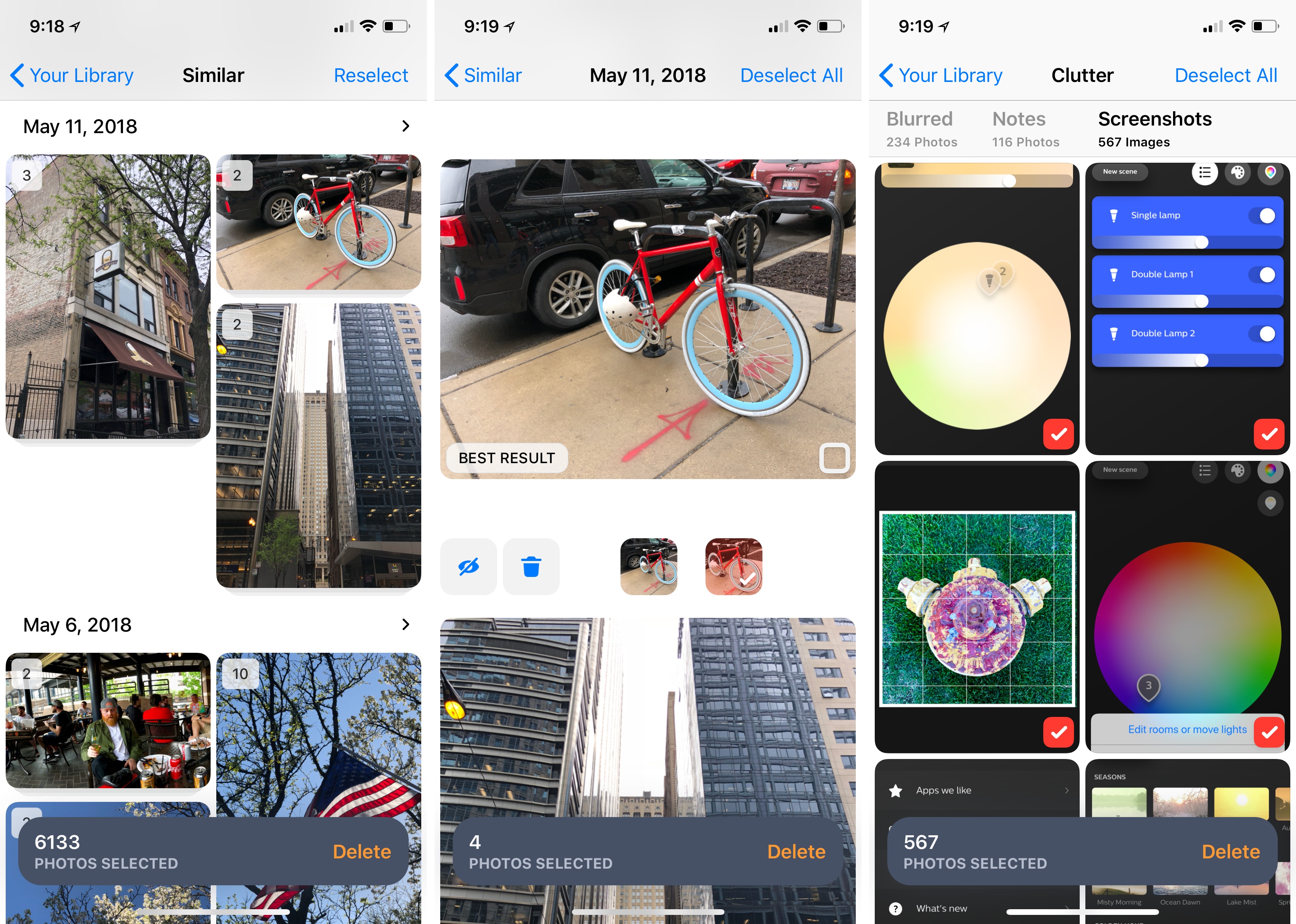 Экран Similar и Clutter в Gemini Photos: группы похожих фото, Best Result, Screenshots и кнопка Delete