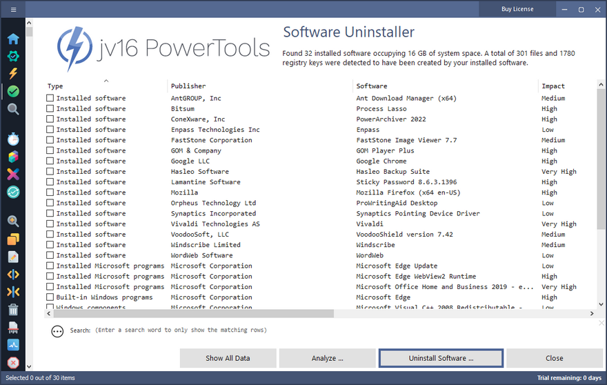 Скриншот jv16 PowerTools — модуль Software Uninstaller