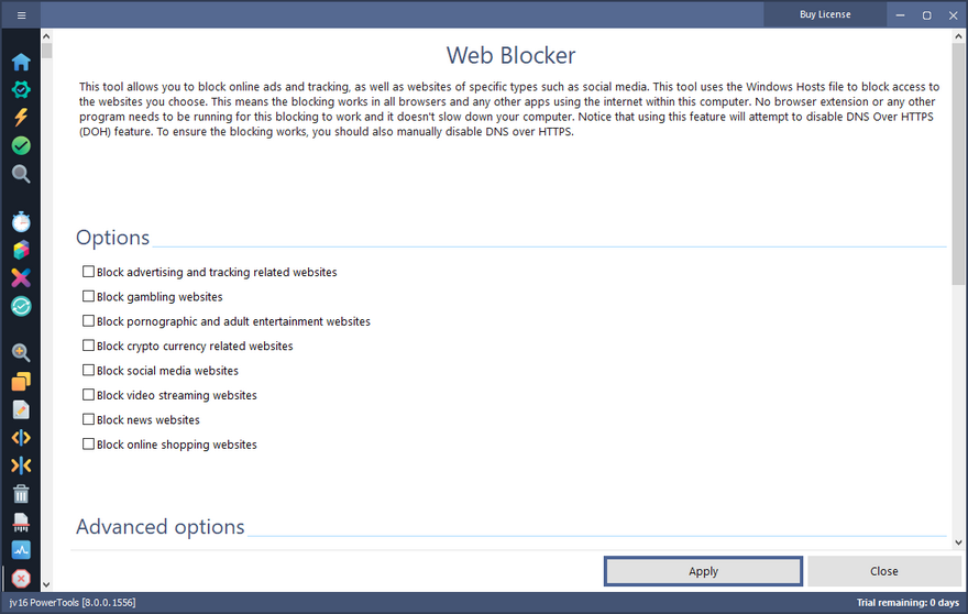 Скриншот jv16 PowerTools — модуль Web Blocker