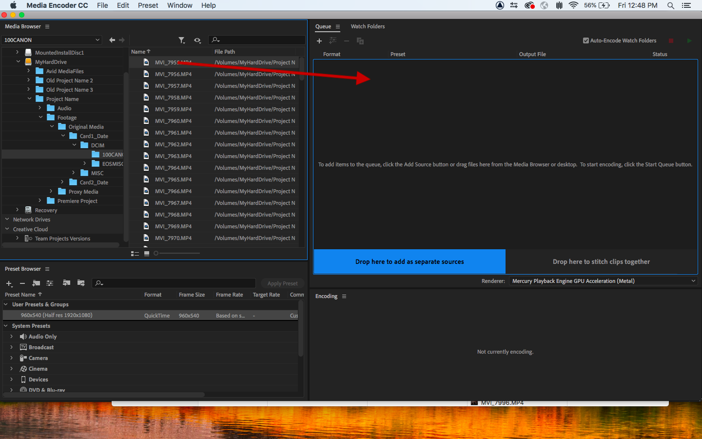 Перетаскивание файлов из Media Browser в Queue