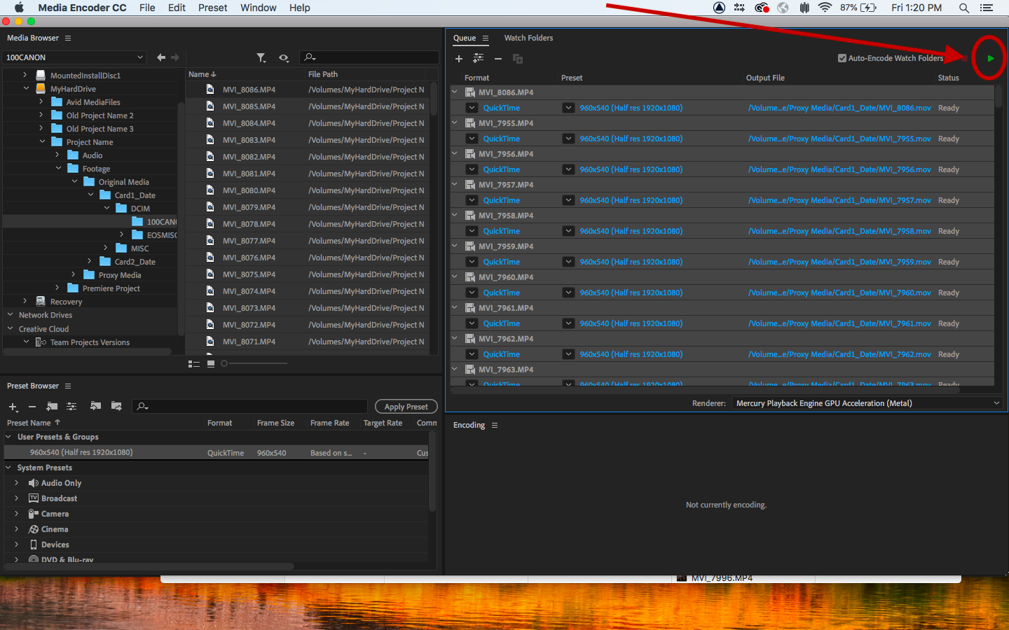 Кнопка Start Queue в интерфейсе Adobe Media Encoder