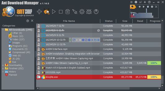 Главное окно Ant Download Manager со списком задач и панелью категорий