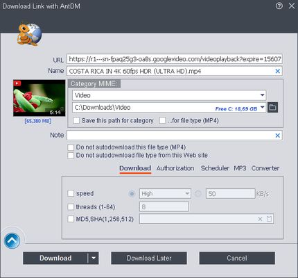 Окно Download Link with AntDM для обычной или медиа-загрузки