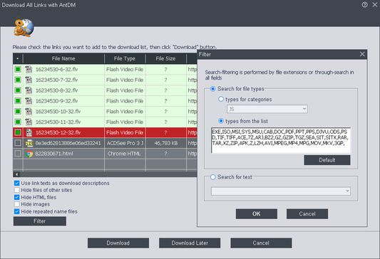 Окно Download All Links with AntDM с фильтром по типам файлов