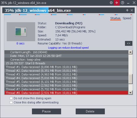 Окно Progress Window с логом потоков и скоростью загрузки