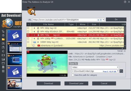 Окно анализа URL и выбора видеопотоков в AntDM