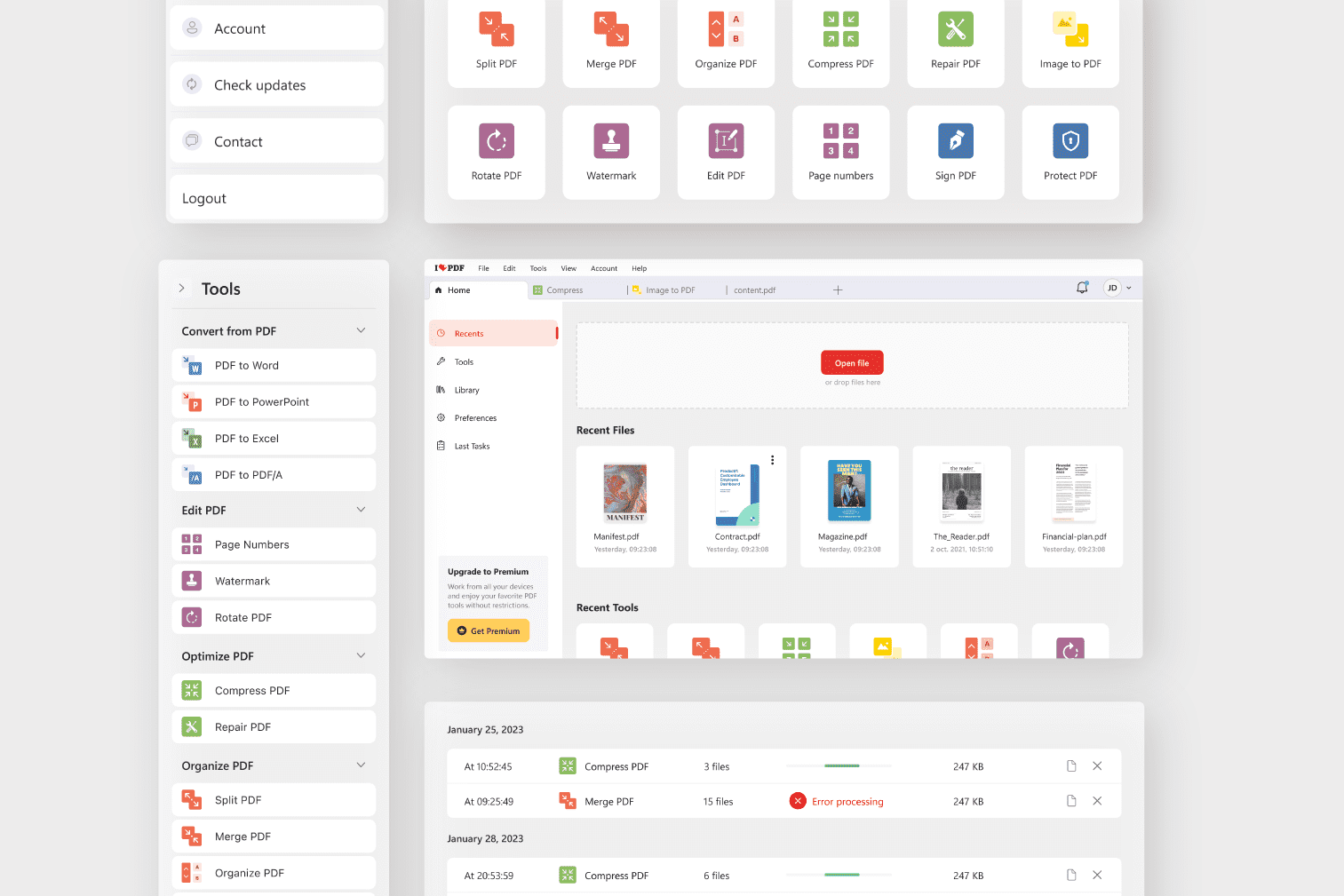 История задач и домашний экран iLovePDF Desktop App