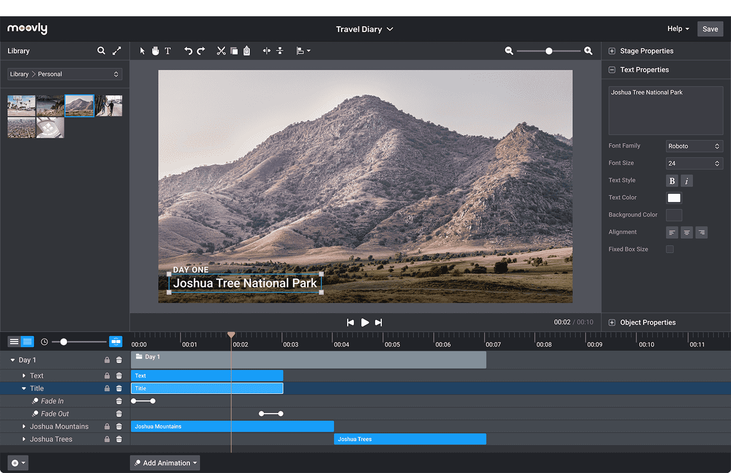 Редактор Moovly Studio с Library, Stage, Timeline и панелью Text Properties
