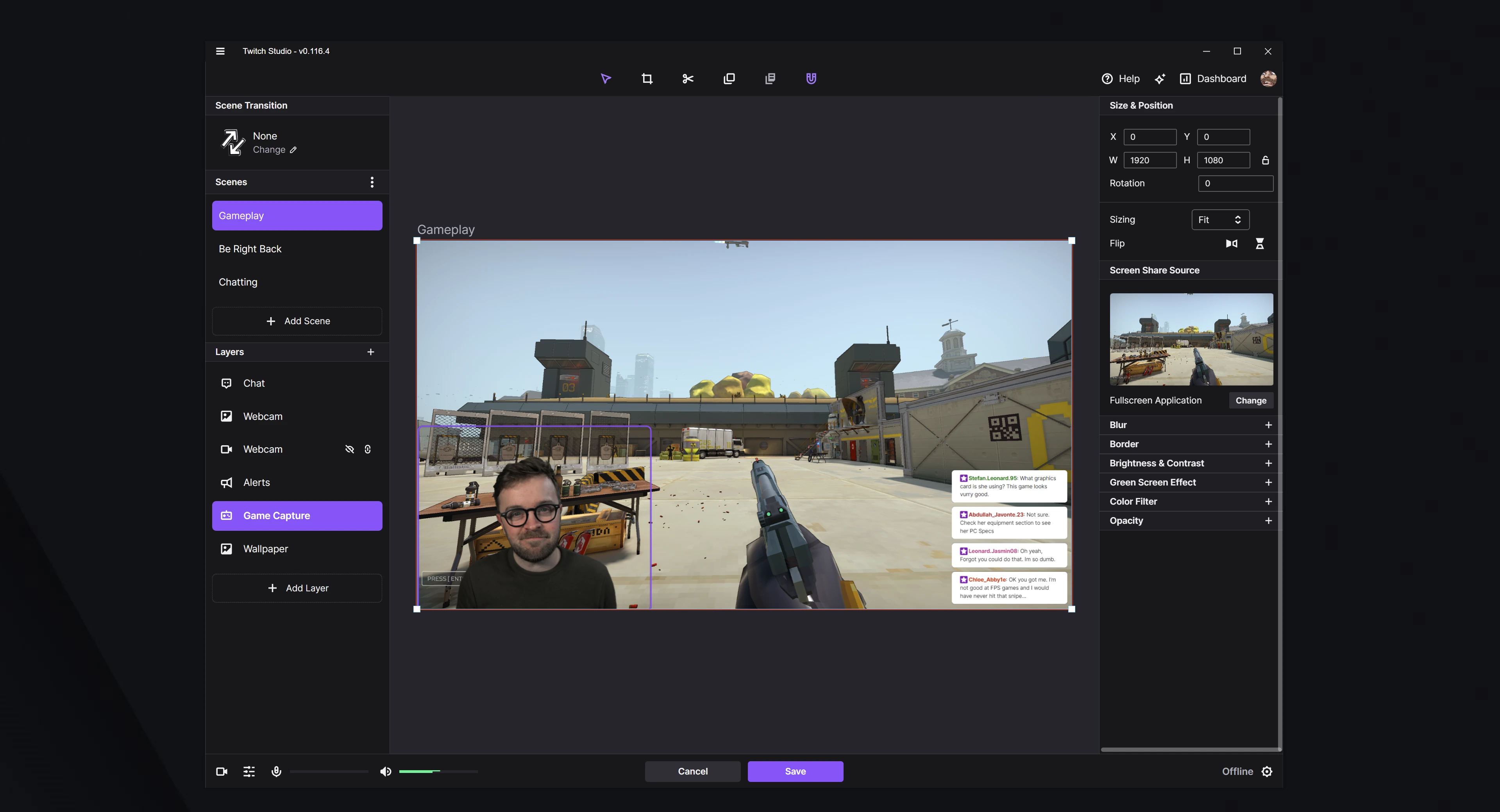 Сцена Gameplay в Twitch Studio с игровым захватом, камерой и чатом на экране