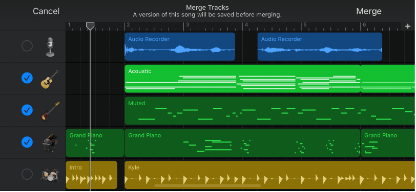 Объединение дорожек в GarageBand для iPhone