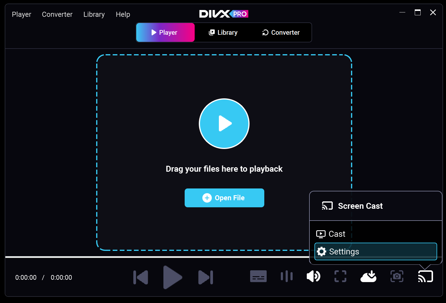 DivX Player с меню Screen Cast и пунктом Settings