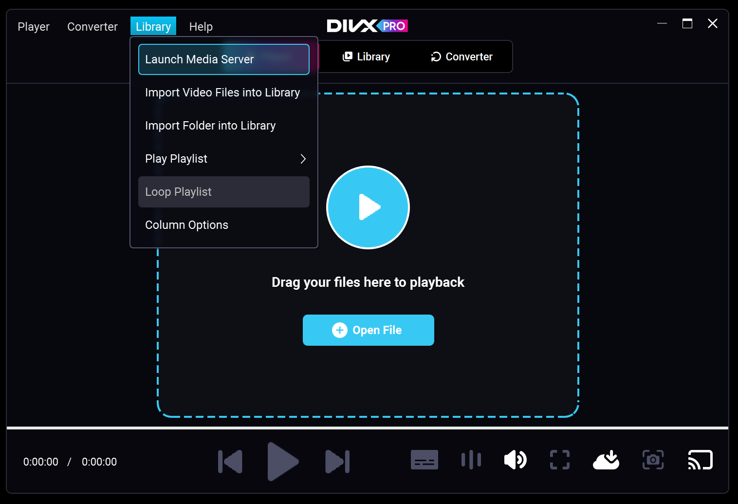 Интерфейс DivX Pro Player с меню Library и пунктом Launch Media Server