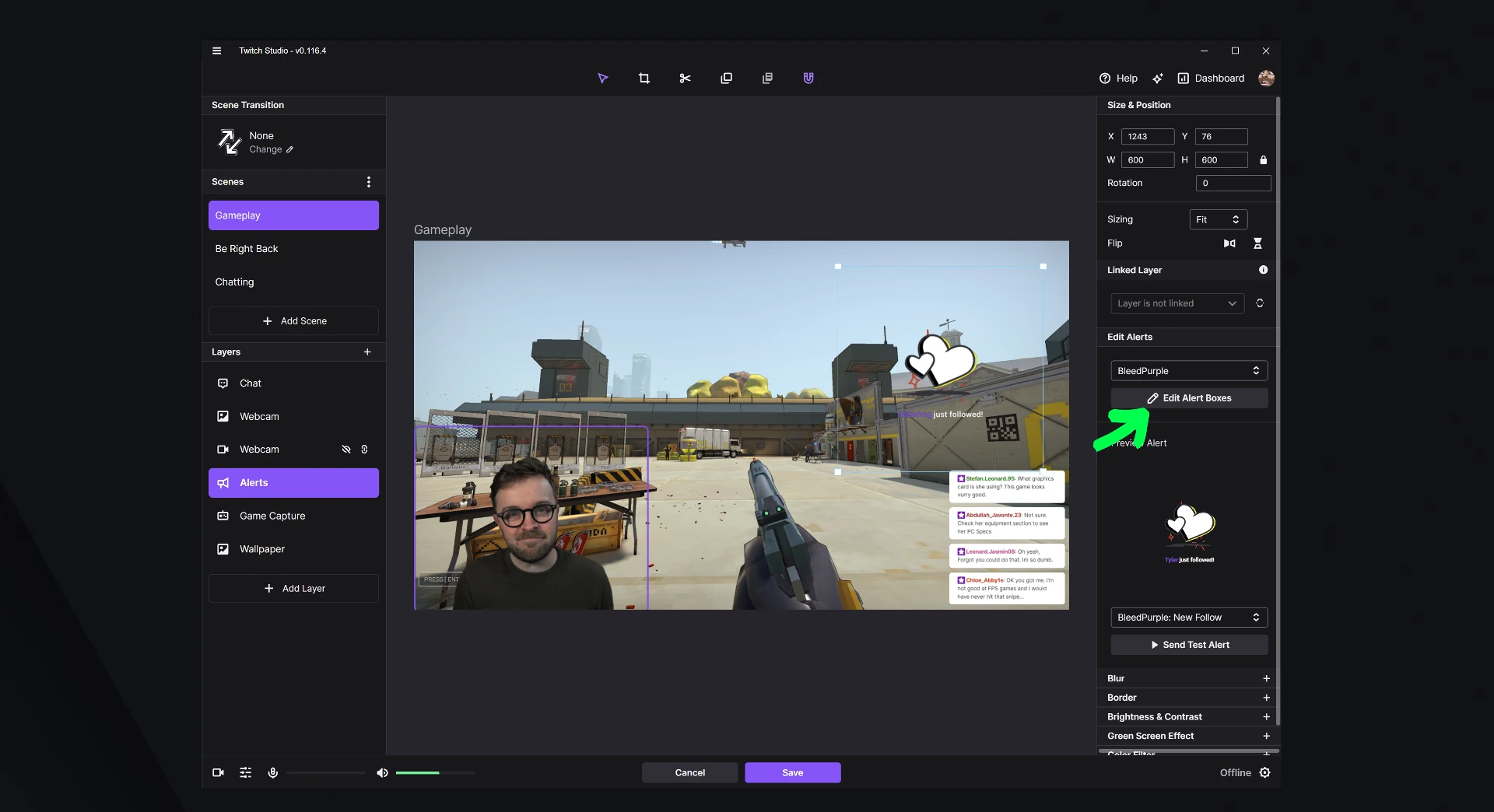 Редактирование встроенных алертов в Twitch Studio