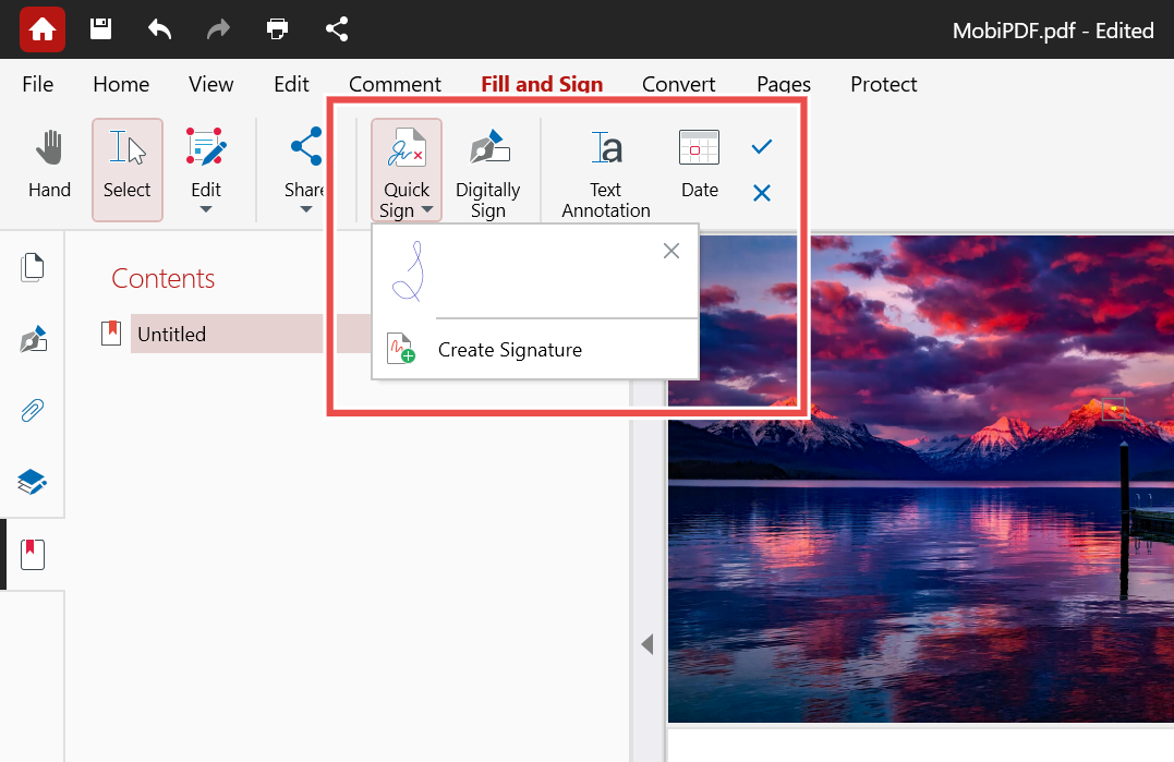 Меню Quick Sign во вкладке Fill and Sign