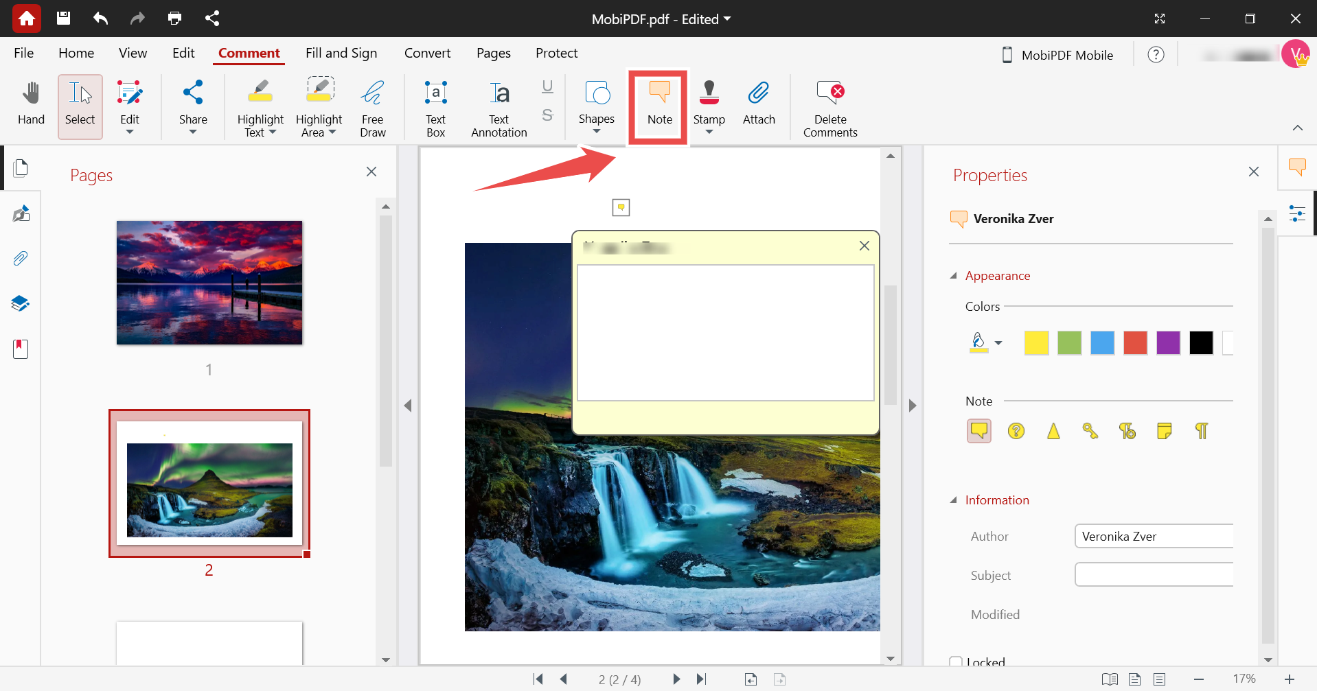 Добавление заметки через вкладку Comment и кнопку Note