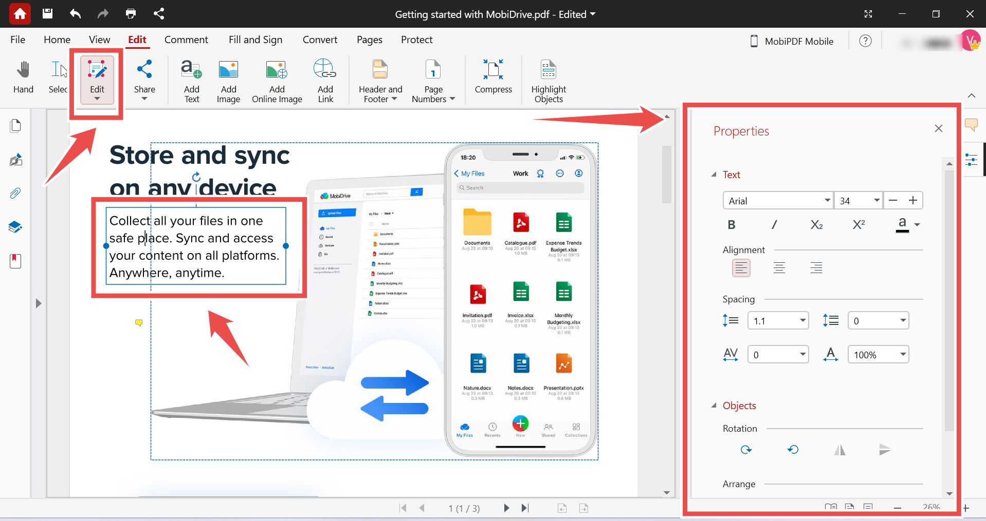 Редактирование текста и панель Properties в PDF Extra / MobiPDF