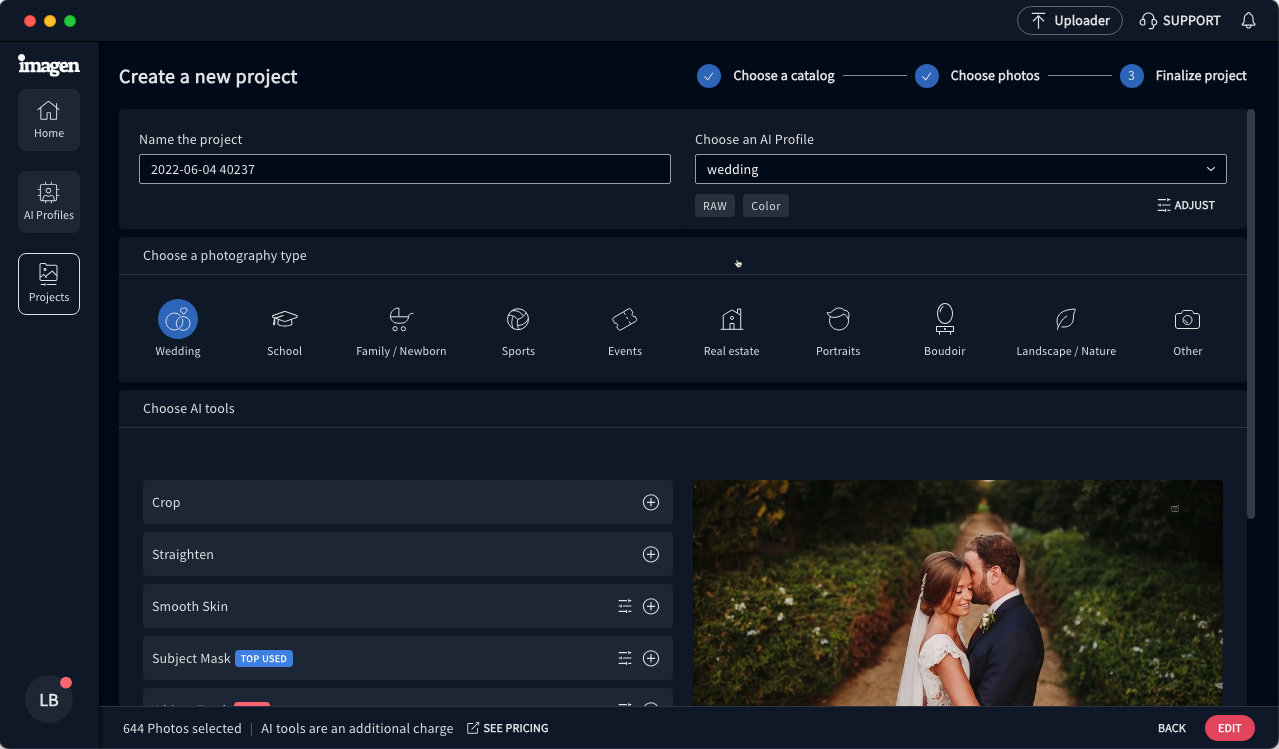 Imagen AI — финализация проекта, выбор AI Profile, типа съемки и AI tools