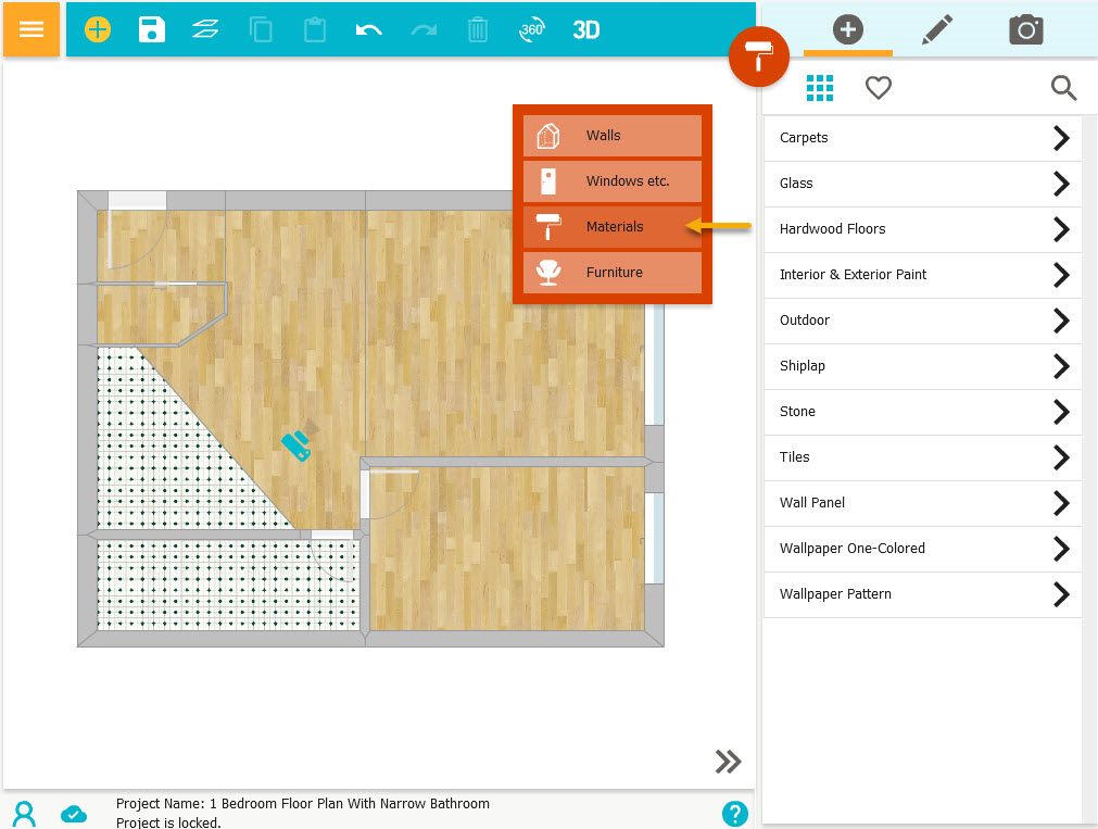 Режим Materials в RoomSketcher с категориями отделочных материалов
