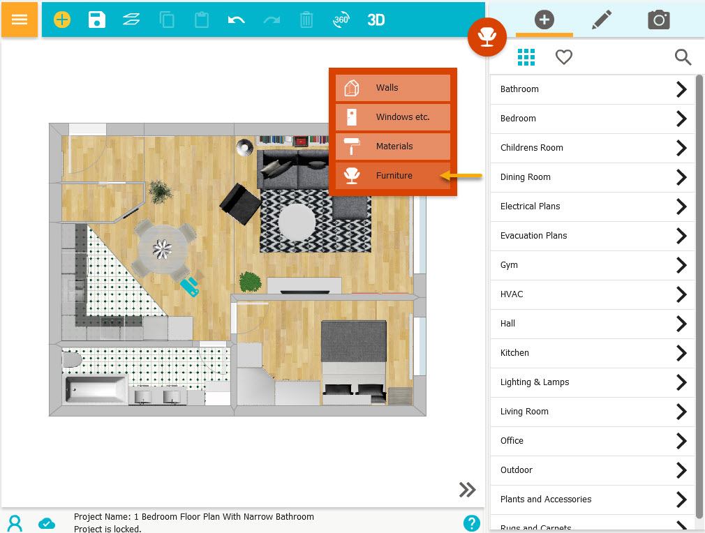 Режим Furniture в RoomSketcher с категориями объектов по типам помещений
