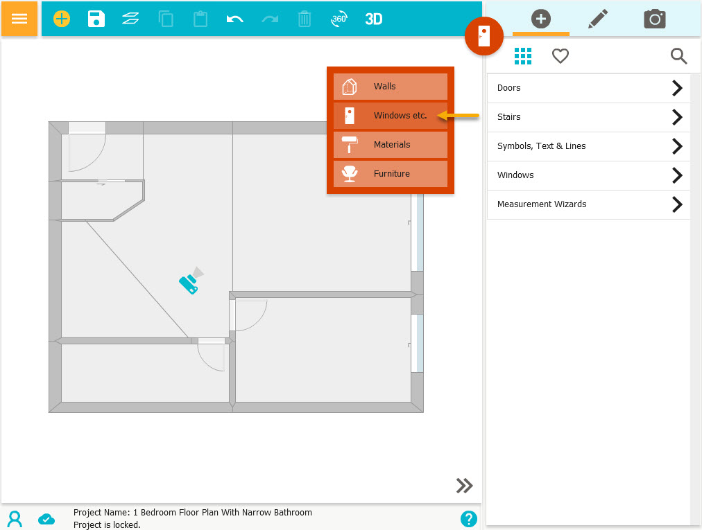 Режим Windows etc. в RoomSketcher: Doors, Stairs, Symbols, Windows, Measurement Wizards
