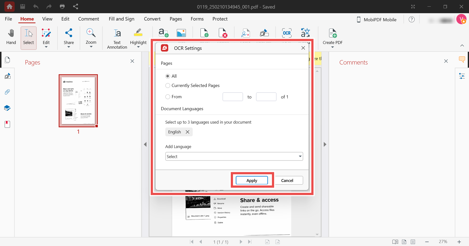 Настройки OCR в PDF Extra / MobiPDF