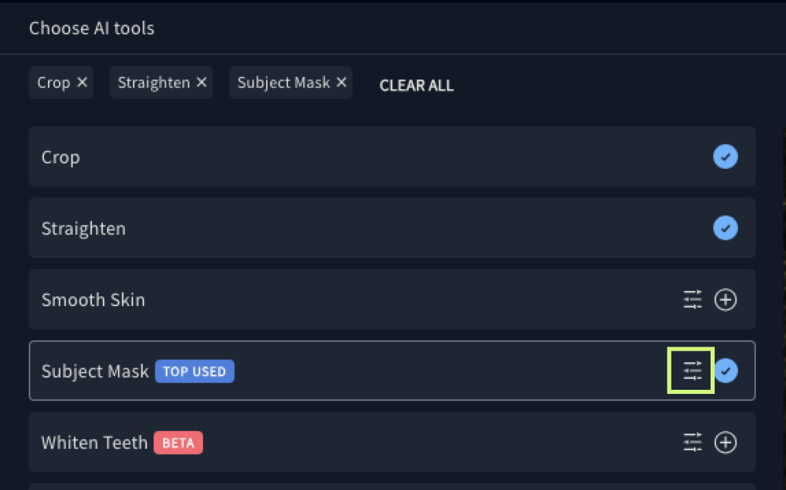 Imagen AI — список AI tools с Subject Mask и кнопкой настройки