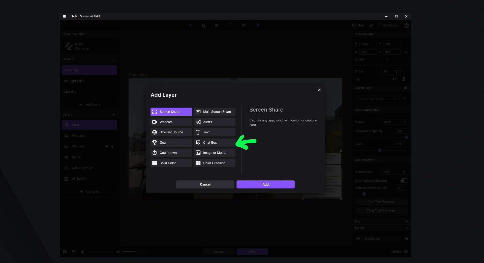 Окно Add Layer в Twitch Studio с выбором Screen Share, Webcam, Browser Source, Alerts, Text, Goal, Chat Box и других элементов