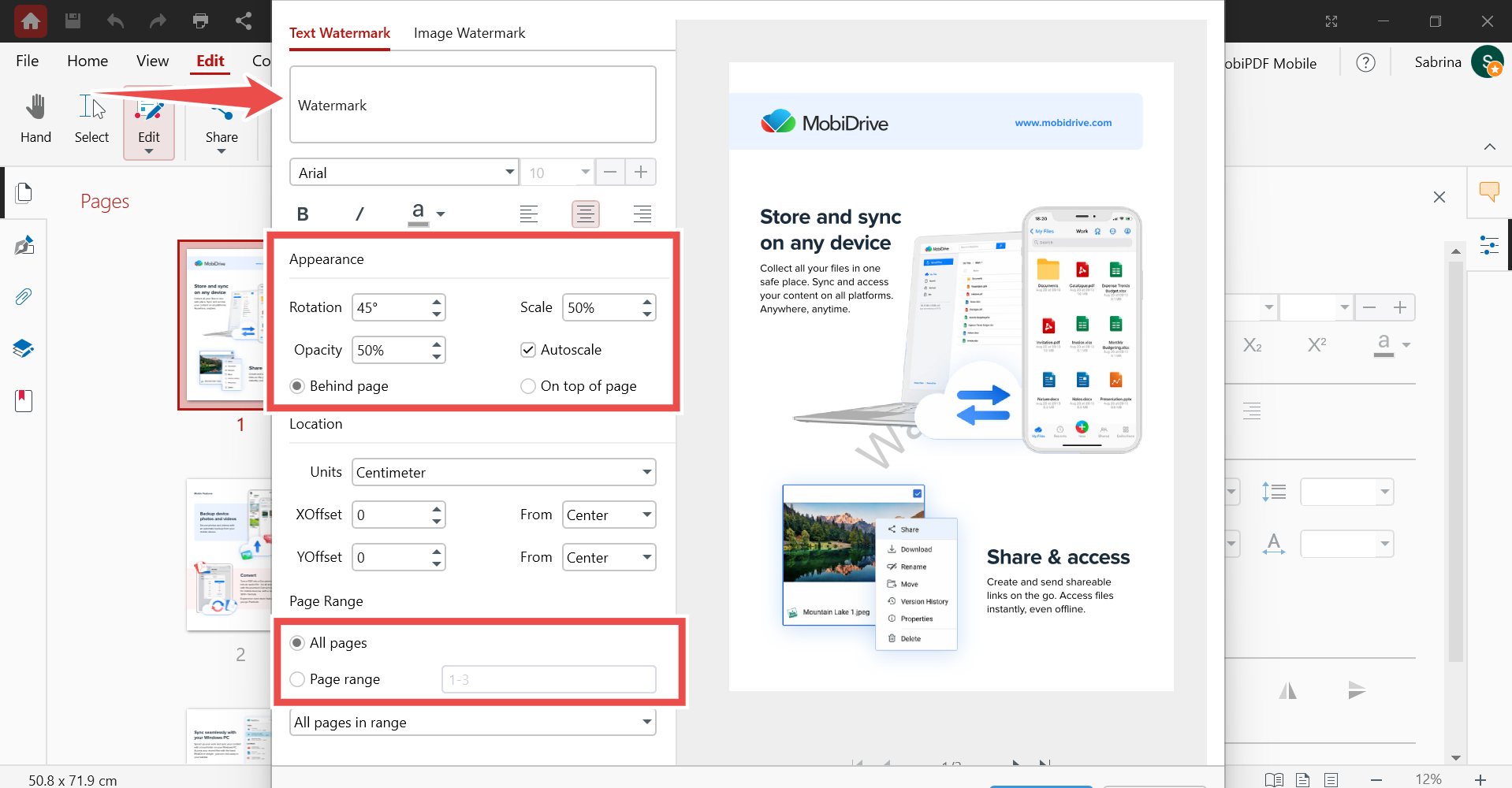Настройка текстового водяного знака в PDF Extra / MobiPDF